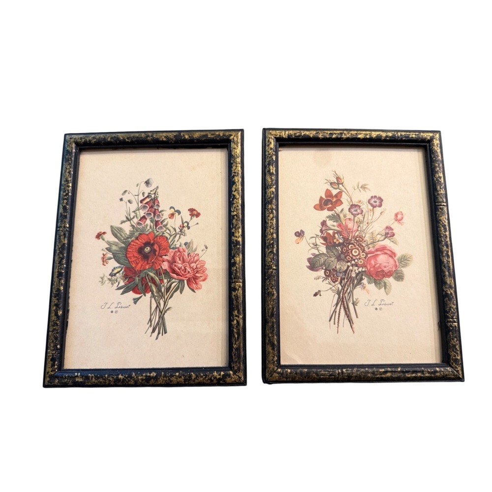 Vintage Jean Louis Prevost Botanical Floral Art Prints Black Gold Gilt Frame Set